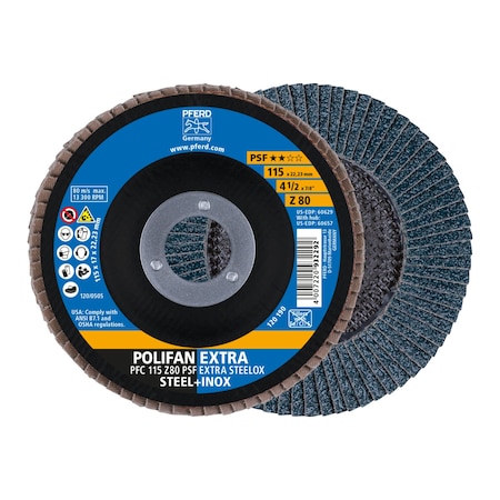 Pferd 4-1/2" x 7/8" A.H. POLIFAN Flap Disc - Z PSF EXTRA STEELOX, Zirconia, 80 Grit, Conical 60629
